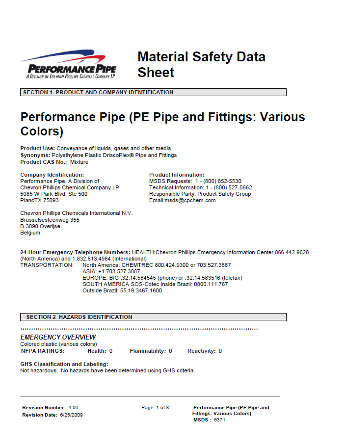 A material safety data sheet by Performance Pipe