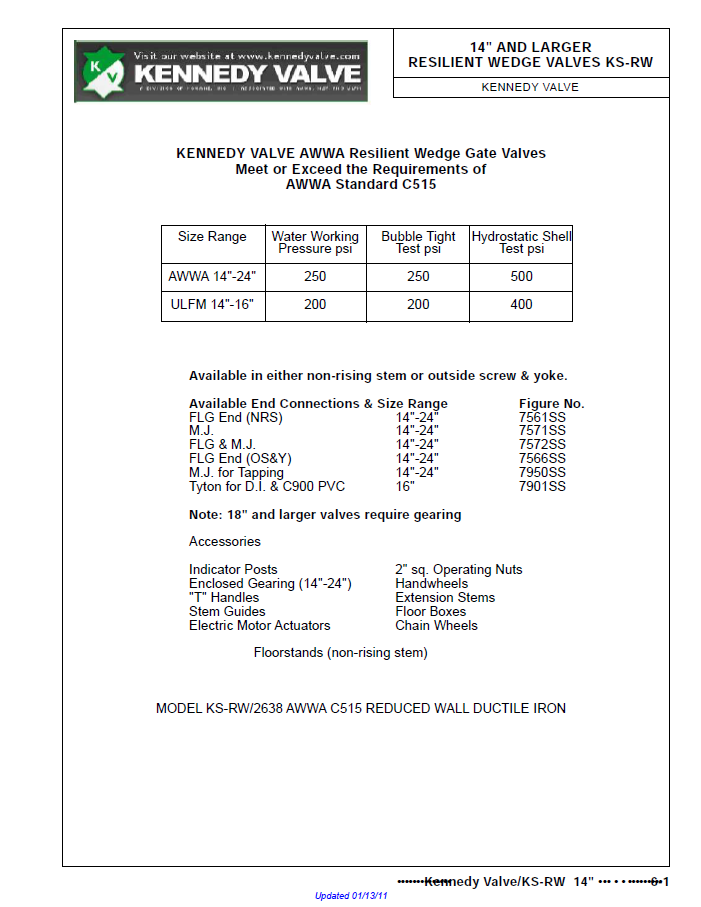 A technical data sheet for 14 inch and larger resilient Kennedy wedge valves