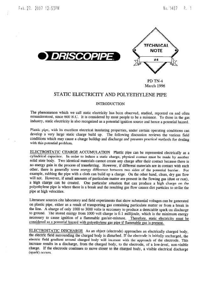 A technical note on static electricity and polyethylene pipes 