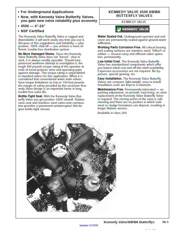 An informational sheet about Kennedy butterfly pipe valves